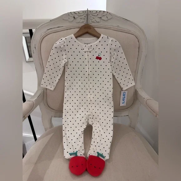 🍒 9 Mth Carter's White with Black Polka Dots and Red Cherry Accent Cotton Footie - Picture 2 of 8